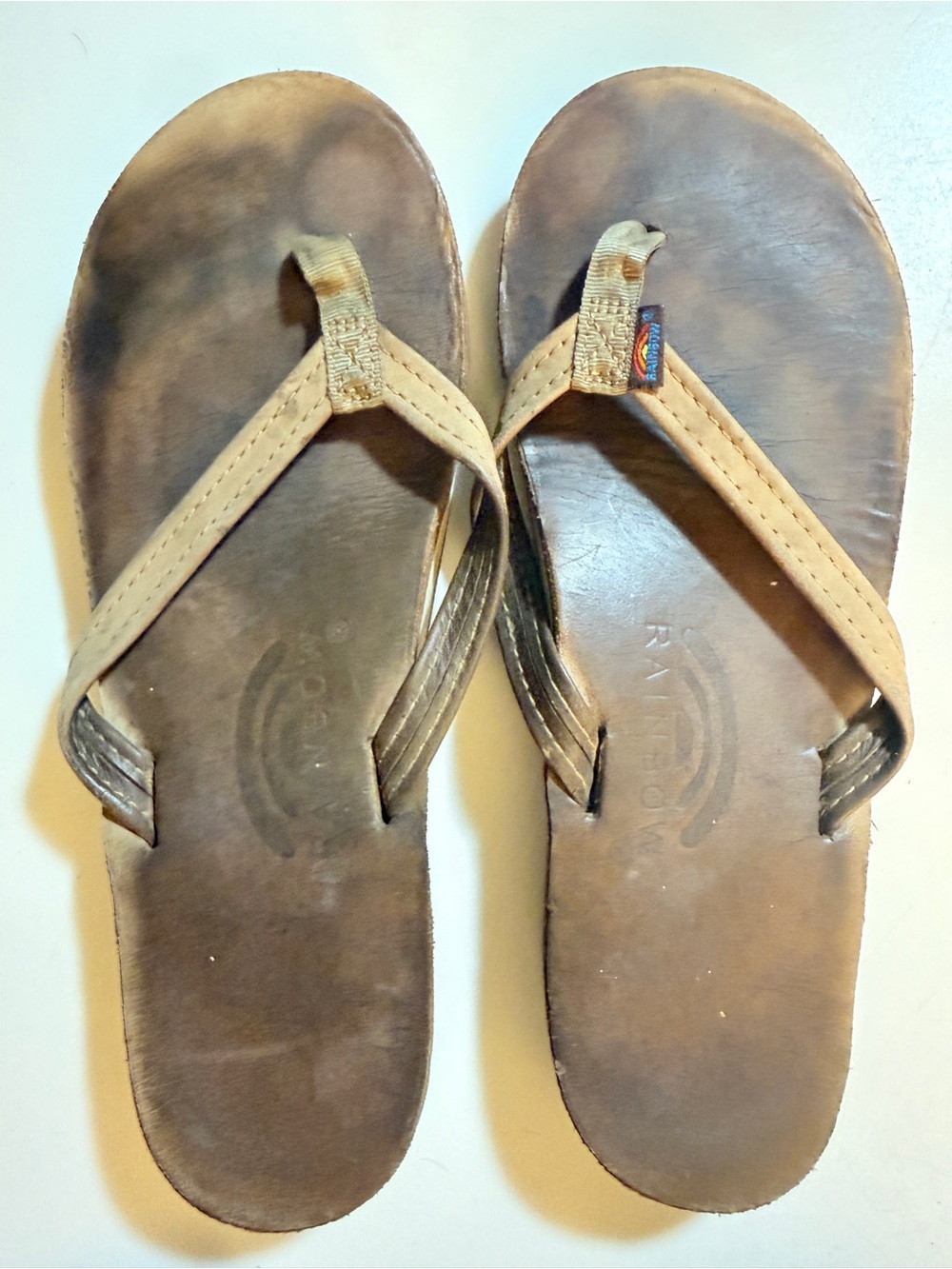 Rainbow Women's Brown Leather Flip Sandals with Tan Straps